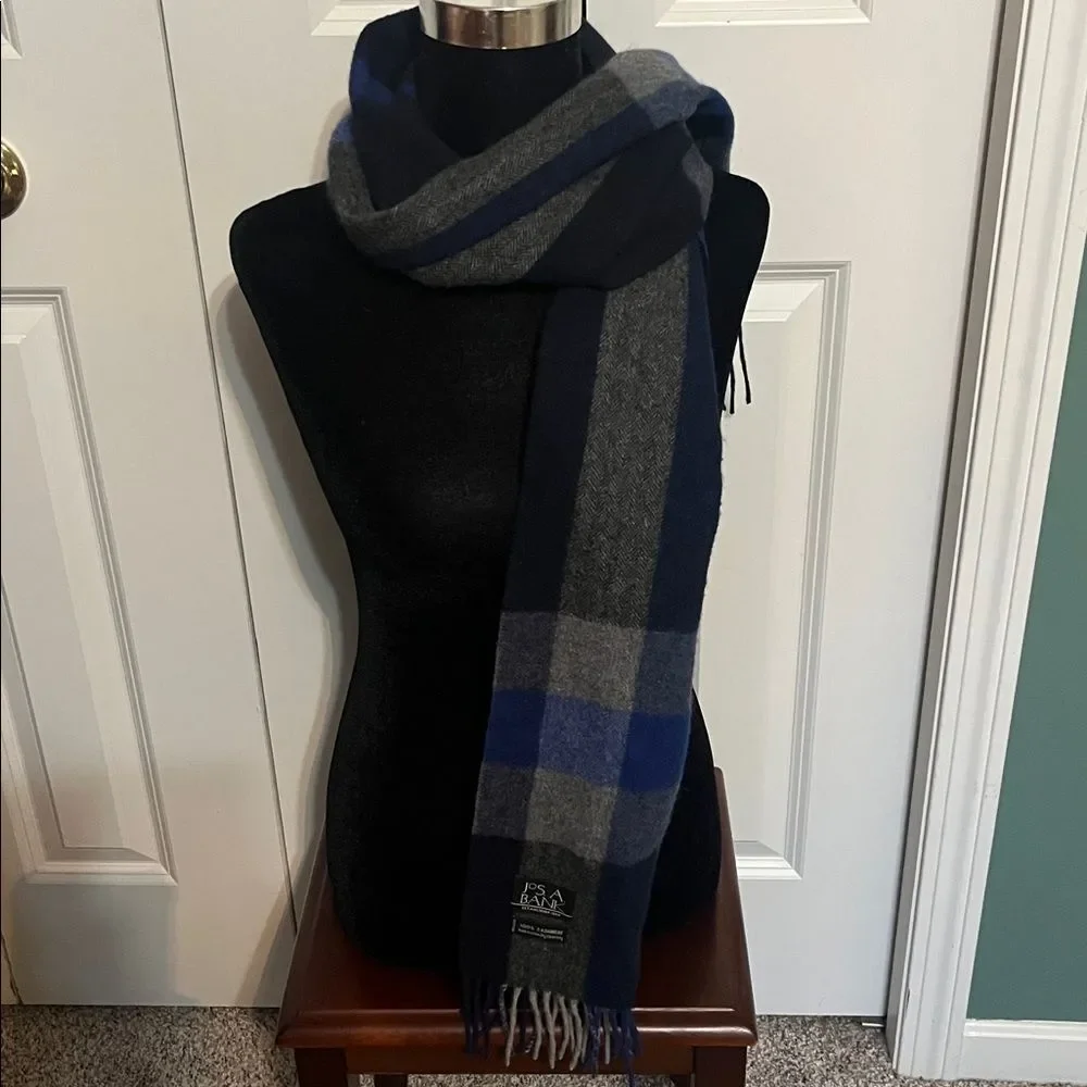 Jos. A. Bank 100% Cashmere Scarf Navy Blue Plaid Unisex 66